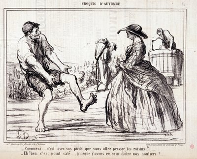 Desenho animado sobre colhedores pisando em uvas descalças. Série "Autumn Sketch": "Como... vais apertar as uvas com os pés? ..." Gravura de Honore DAUMIER (1808-1879). Extracto do jornal "Le Charivari". de Honoré Daumier