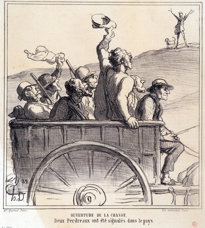Desenho animado sobre caçadores. Serie "Autumn Sketch": Abertura da caça, duas perdizes foram sinalizadas no país", dos Jornais "Le Charivari". de Honoré Daumier