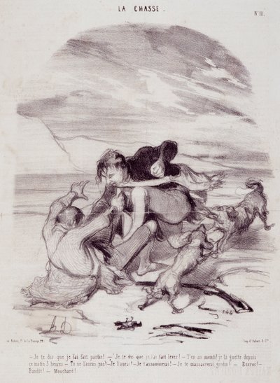 Desenho animado sobre caçadores. Série "The Beautiful Days of Life - The Hunting": "Eu digo-te que o obriguei a sair..." Gravação por Honore DAUMIER (1808-1879). Extracto do jornal "Le Charivari" de 10 de Janeiro de Honoré Daumier