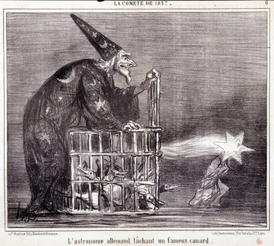 Desenho animado sobre ciência. Serie Sur "The Comete of 1857": "O Astrónomo Alemão a Deixar um Pato Famoso". Gravação por Honore DAUMIER (1808-1879). Extracto do jornal "Le Charivari" 2 de Março de Honoré Daumier