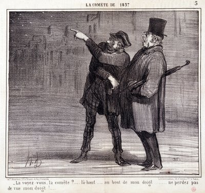 Desenho animado sobre ciência. Série sobre "O Comete de 1857": "Você vê o comitê?..." Um ladrão desvia a atenção da sua vítima. Gravação por Honore DAUMIER (1808-1879). Extracto do jornal "Le Charivari" de 19 de Março. de Honoré Daumier