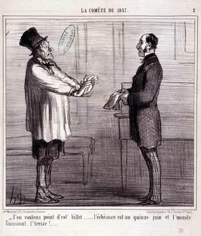 Desenho animado sobre ciência. Série sobre "O Comete de 1857": "Não quero bilhete..." Gravação por Honore DAUMIER (1808-1879). Extracto do jornal "Le Charivari" 4 de Março de Honoré Daumier