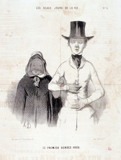 Desenho animado sobre o casal: Serie "Os Bons Dias da Vida": "O primeiro encontro". Gravação por Honore DAUMIER (1808-1879). Extracto do jornal "Le Charivari", 2-3 de Janeiro de Honoré Daumier