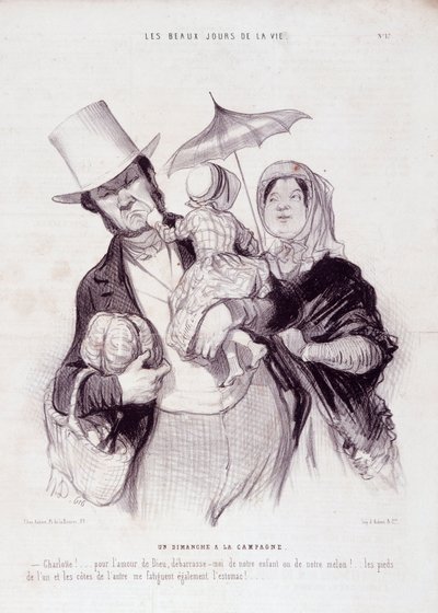 Desenho animado sobre a família. Série "The Beautiful Days of Life": "Um domingo no campo..." Gravado por Honore DAUMIER (1808-1879). Extracto do jornal "Le Charivari" de 21 de Julho de Honoré Daumier
