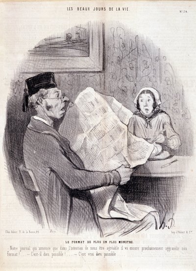 Desenho animado sobre a imprensa. Série "The Beautiful Days of Life": "O formato cada vez mais monstruoso...". Gravação por Honore DAUMIER (1808-1879). Extracto do jornal "Le Charivari" de 18 de Outubro de Honoré Daumier