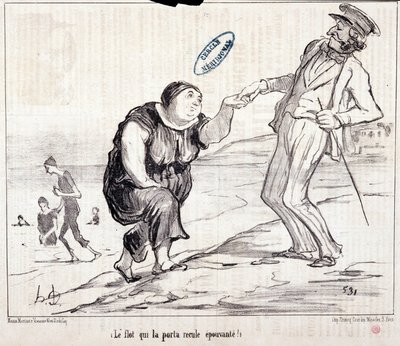 Desenho animado sobre turistas em férias. Serie "Ax Bains de Mer: "A inundação que o levou de volta assustadora! "Gravado por Honore DAUMIER (1808-1879). Extrato do jornal "Le Charivari". de Honoré Daumier