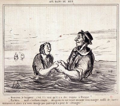 Desenho animado sobre turistas em férias. Serie "aux Bains de Mer": "Monsieur le bathneur... é verdade que há tubarões em Dieppe?..." Gravura de Honore DAUMIER (1808-1879). Extracto do jornal "Le Charivari" de 8 de Junho. de Honoré Daumier