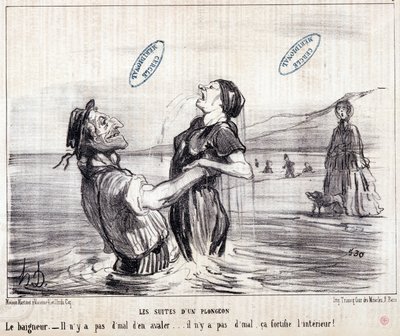 Desenho animado sobre turistas em férias. Série "Les Bains de Mer": "Esboço aquático". As sequências de um mergulho". Gravação por Honore DAUMIER (1808-1879). Extraído do jornal "Le Charivari" em 1853. Dim: 24x28cm. Inv 2453 - caixa 12 N¡1. Marselha, M de Honoré Daumier