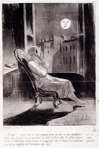 Desenho animado sobre mulheres escritoras. Série "Bas Bleus": "O! Moon inspira-me hoje à noite..." Gravado por Honore DAUMIER (1808-1879). Extracto do jornal "Le Charivari" de 28 de Fevereiro de Honoré Daumier