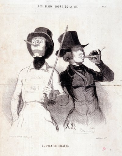Desenho animado sobre os jovens Dandys. Série "The Beautiful Days of Life": "O primeiro charuto". Gravado por Honore DAUMIER (1808-1879). Extracto do jornal "Le Charivari" de 31 de Dezembro de 1843 Dim 37x25cm Inv 1089 - caixa 8 N¡2. Marselha, Musee des Be de Honoré Daumier