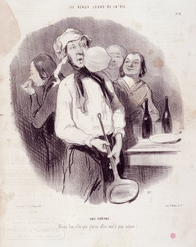 O desenho animado de um homem desajeitado. Serie "Les Beaux Days de la Vie": "Les crepes"... "Gravado por Honore DAUMIER (1808-1879)". Extracto do jornal "Le Charivari" de 14 de Novembro de Honoré Daumier