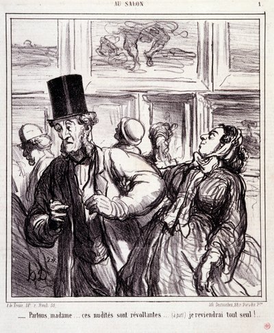 Desenhos animados sobre os amantes da arte: Serie "Au salon": Vamos deixar a senhora... estes nudistas são revoltantes... Voltarei sozinho" Gravação de Honore DAUMIER (1808-1879). Extracto do jornal "Le Charivari" de 5 de Maio de Honoré Daumier