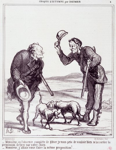 Desenho animado sobre os caçadores: Série "Sketch de Outono": "Senhor, dada a completa ausência de caça, por favor, conceda-me permissão para matar o seu cão..." Gravação por Honore DAUMIER (1808-1879). Extracto do jornal "Le Charivari" de 28 de Setembro de Honoré Daumier