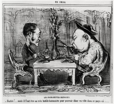 Garfos chineses: "Diabo! Mas é preciso ser um batonista muito hábil para se poder jantar na cidade neste país. ", na série En Chine, ilustração de Honore Daumier (1808-1879), publicada em "Charivari". de Honoré Daumier