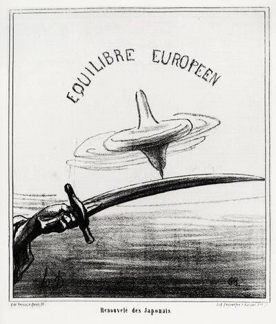 O equilíbrio europeu: reavivamento japonês. Logo após a restauração do regime imperial no Japão, após a renúncia do shoguna Tokugawa, em novembro de 1867. Illustration d