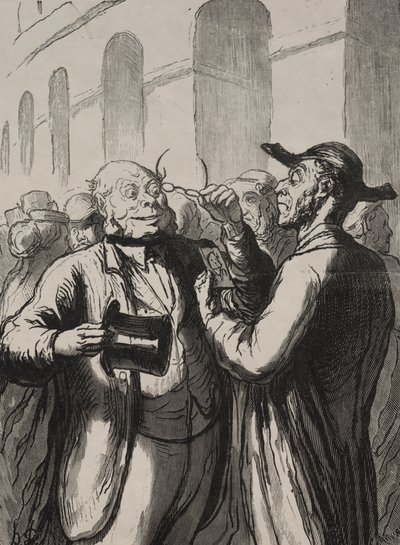 Exposição Universal: A inspeção de fotografias nas catracas. Os carecas devem tirar o chapéu e os míopes os óculos. de Honoré Daumier