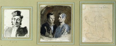 Vista frontal de um advogado, dois réus e um litigante (lápis, lavagem, wc e tinta no papel) de Honoré Daumier