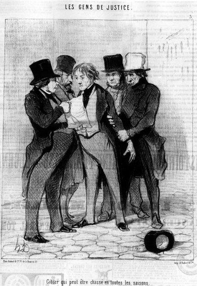Caça que pode ser caçada em todas as estações, tirada do "Gens de Justice", série de desenhos animados sobre Justiça de Honore Daumier (1808-1879). "Charivari". de Honoré Daumier