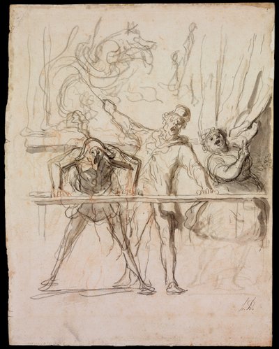 La Parade - The Side-Show - Daumier, Honore (1808-1879) - 1865 - Giz preto, aquarela sobre papel - 39,8x30,4 - Szepmuveszeti Muzeum, Budapeste de Honoré Daumier