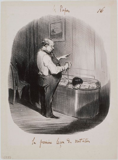 Les Papas- A primeira aula de natação de Honoré Daumier