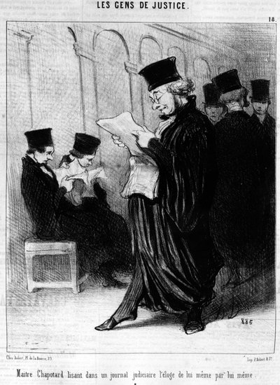 Maitre Chapotter lendo em uma revista jurídica o elogio a si mesmo, tirado do "Gens de Justice", série de desenhos animados sobre Justiça de Honore Daumier (1808-1879). "Charivari". de Honoré Daumier