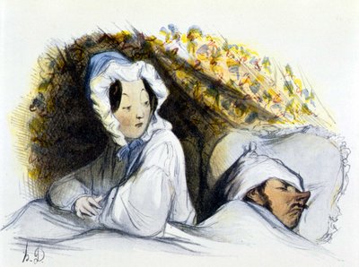 Homem e mulher na cama: "Dorminhoco maroto! Vai... ", "History of Erotic Art" de Edouard Fuchs, Berlim de Honoré Daumier