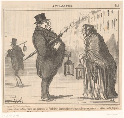 Monsieur Prudhomme en een oude vrouw coloca lantaarn em um guarda-chuva Precaução essencial que os parisienses tomam ao sair de casa (...) (título no objeto) Notícias (título da série) Notícias (título da série no objeto) de Honoré Daumier