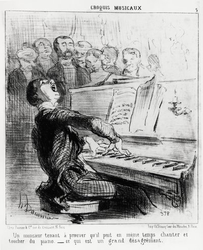 Esboços musicais: um cavalheiro que quer provar que pode ao mesmo tempo cantar e tocar o piano, o que é muito vergonhoso. Ilustração de Honore Daumier (1808-1879), publicada em "Charivari", data de 17 de Fevereiro de 1852. de Honoré Daumier