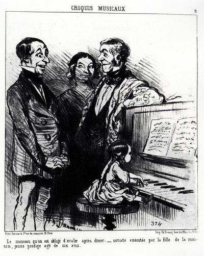 Esboços musicais: a canção que você é obrigado a engolir depois do jantar: sonata executada pela filha da casa, uma jovem prodígio de seis anos. Illustration d