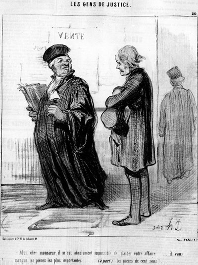 Meu caro senhor, é absolutamente impossível para mim agradar ao seu negócio... você sente falta das peças mais importantes... (à parte) as moedas!.... da série "Gens de Justice", de Honore Daumier (1808-1879). "Charivari"... de Honoré Daumier