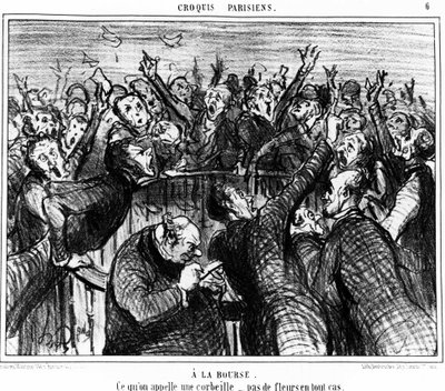 Na bolsa, o que é chamado de cesto, sem flores em qualquer caso: série de caricaturas na bolsa de Honore Daumier (1808-1879). "Charivari". de Honoré Daumier