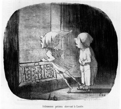 Astrônomos parisienses observando o Comete, retirado de "Astronomia", uma série de desenhos animados sobre astrônomos e o Comete d