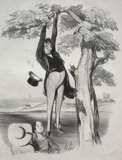 Pastorales, prato 2: Os perigos de sacudir uma ameixeira com muita vigor ..., 1845. de Honoré Daumier
