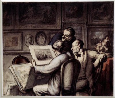 Amantes da impressão. Aguarela, guache e lápis preto, caneta e tinta da china de Honore Daumier (1808-1879). Sol. 0,26 x 0,31 Musee d