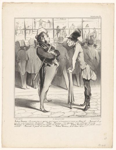 Robert-Macaire em conversa com Bertrand em frente da montra de uma gráfica
Caricaturana (título da série sobre o objecto) de Honoré Daumier