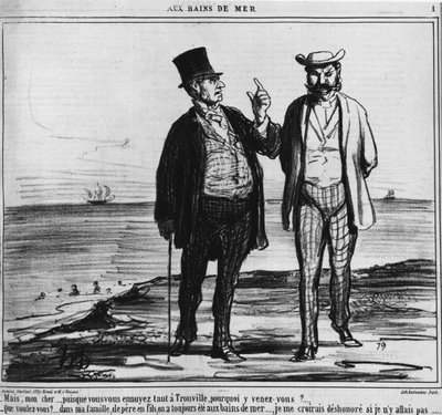 Banhos à beira-mar: Parisienses em uma praia de Trouville do peso das tradições e hábitos familiares - por Honore Daumier, em "Charivari" de 25/08/1859 de Honoré Daumier
