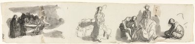 Folha de estudos com um grupo de quatro figuras à direita retoma esboços de várias figuras vers de Honoré Daumier