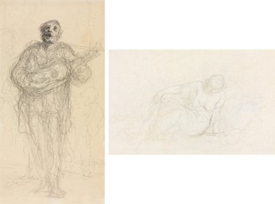 Guitarrista Cantor (reto); Mulher reclinada apoiada em seu braço (verso) de Honoré Daumier