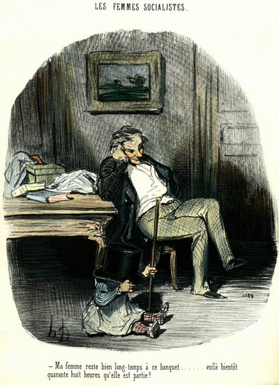 Mulheres socialistas Desenho animado anti-feminista retratando um homem esperando com seu filho o desaparecimento de sua esposa por dois dias. Litografia de Honore Daumier (1808-1879) Coleção Particular do século XIX de Honoré Daumier