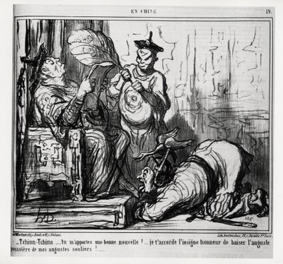 Tchinn Tchinn... Trazes-me boas notícias! Dou-te a grande honra de beijar o augusto pó dos meus augustos sapatos. Na serie En Chine, ilustração de Honore Daumier (1808-1879), publicada em "Charivari", datada de 7 de dezembro de Honoré Daumier