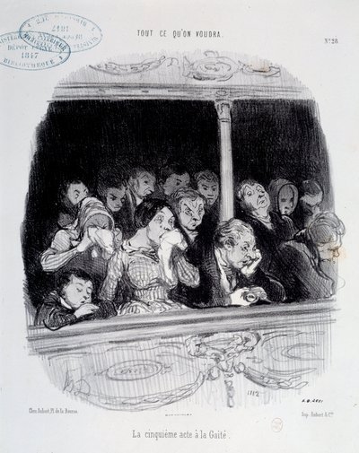 O quinto ato tem as Expressões de Gaita do rosto do público durante o espetáculo (tédio, fadiga, desinteresse) Caricatura de Honore Daumier (1808-1879). Carnaval de Paris do século XIX de Honoré Daumier