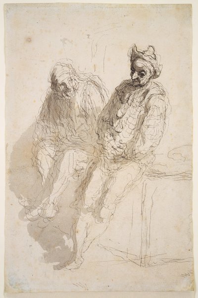 Dois Saltimbancos, c.1865-73 (tinta preta-cinzenta, lavagens cinzentas sobre papel) de Honoré Daumier