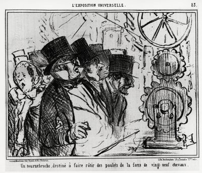 Exposição universal: uma mesa giratória, concebida para assar frangos com a força de vinte e nove cavalos. Ilustração de Honore Daumier (1808-1879), publicada no noticiário, "Charivari", datada de 20 de Julho de 1855. de Honoré Daumier