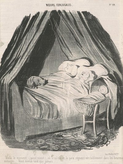 Este é o momento (passado da meia-noite) em que a calma e a paz realmente reinam nos casais felizes. Antes tarde do que nunca. de Honoré Daumier