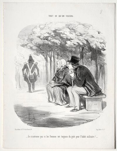 O que você vai, placa 51: Não me admira que as mulheres sempre gostem do uniforme militar? de Honoré Daumier