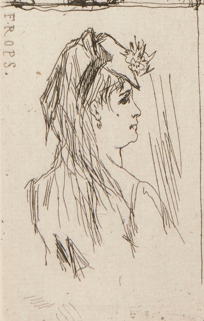 a. Cabeça de um homem velho por Daumier (canto superior esquerdo); b. Chez Charles Beriot por Taiee (centro superior); c. Cabeça de uma mulher jovem por Rops (canto superior direito); d. Paisagem fluvial por Harpignies (centro inferior); e. Perfil de uma m de Honoré Daumier