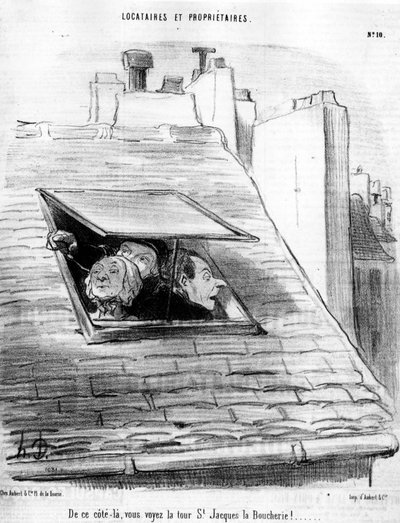 deste lado, você vê a Torre St. Jacques, o Boucherie!... , retirado de "Tenants et Owners", série de desenhos animados de Honore Daumier (1808-1879). "Charivari". de Honoré Daumier