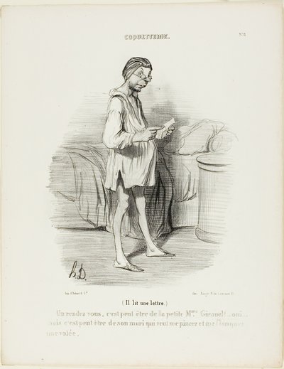(Ele está a ler uma carta) "Um encontro, poderá ser da bonita Mme Giraud Sim, mas também pode ser do marido dela que me quer beliscar...", placa 8 de Coquetterie de Honoré Victorin Daumier