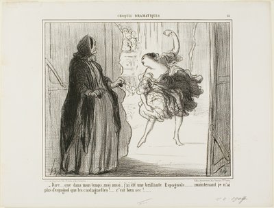 "- É difícil imaginar que no meu tempo também fui um aclamado bailarino espanhol... hoje em dia só as minhas castanholas são espanholas... que chatice...", chapa 11 de Croquis Dramatiques de Honoré Victorin Daumier