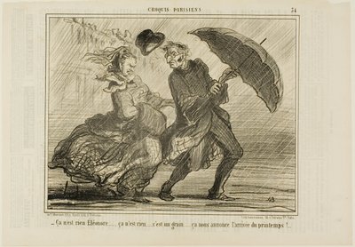 "- Não te preocupes, Eleonore... não é nada, é apenas um pequeno vento que anuncia a chegada da primavera", placa 34 de Croquis Parisiens de Honoré Victorin Daumier